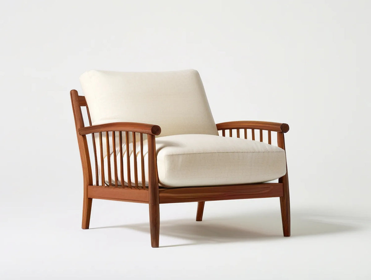 Cream Upholstered Rubberwood Lounge Chair, Walnut Brown Frame, 29.5 x 31.5 x 34 in