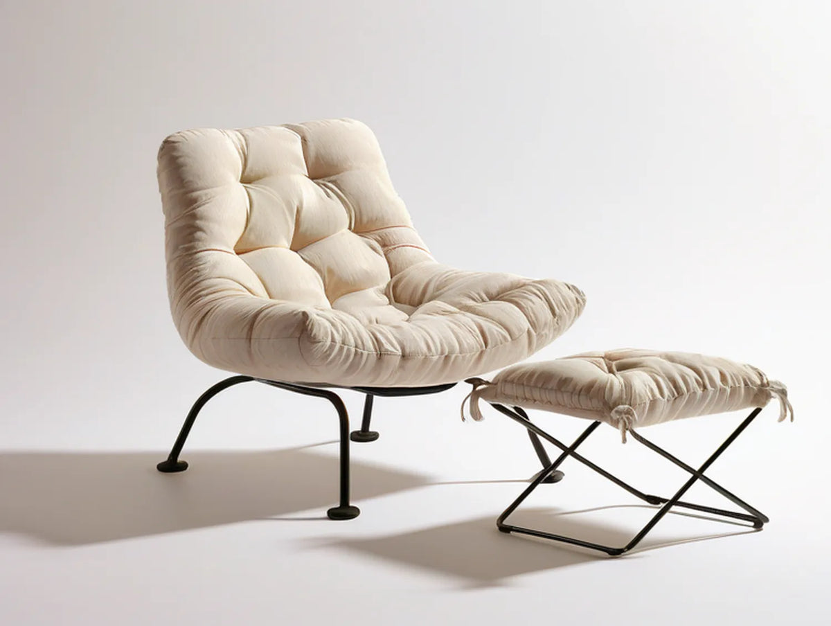 Cream Tufted Polyester Lounge Chair and Ottoman Set with Black Steel Frame, Chair 82 x 88 x 92 cm