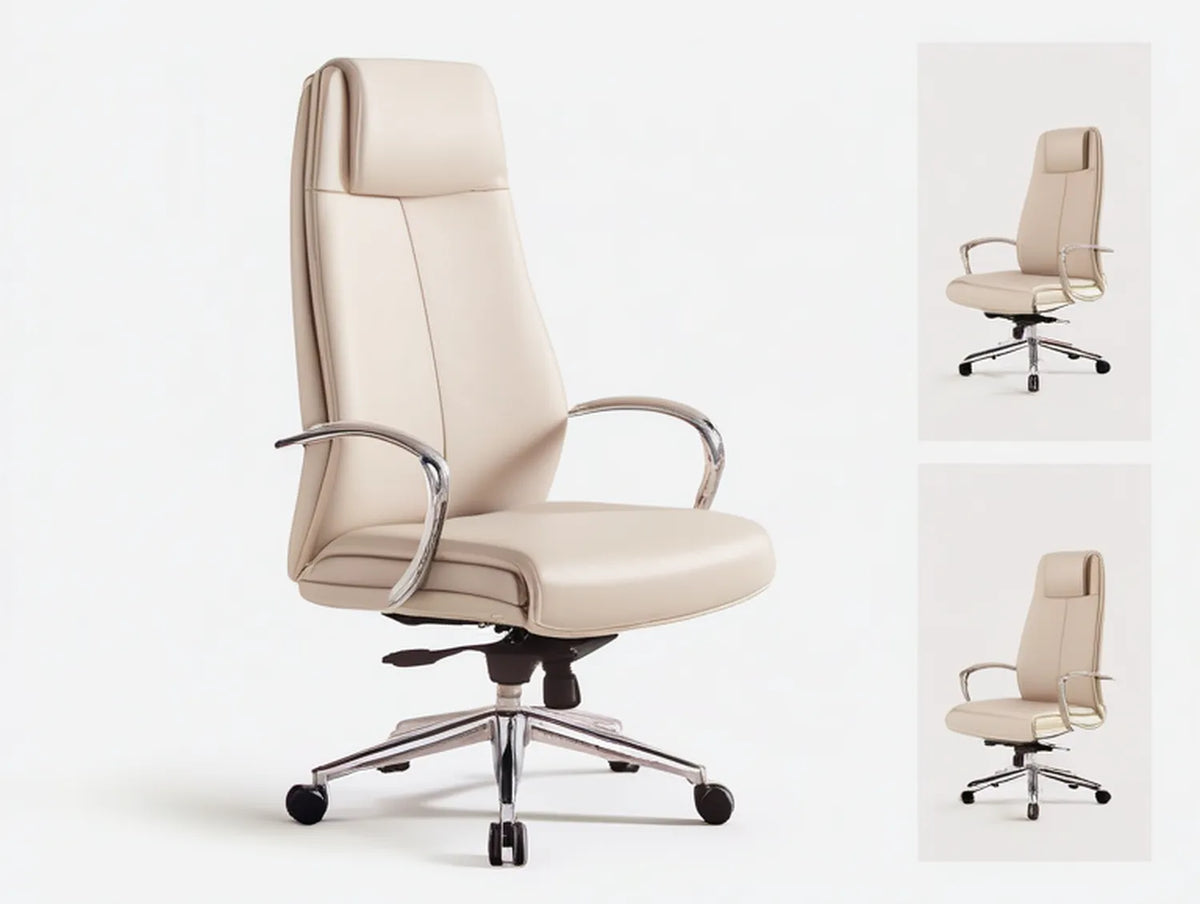 Cream High-Back Executive Swivel Chair with Chrome Armrests, 26 x 25 x 45-49 in