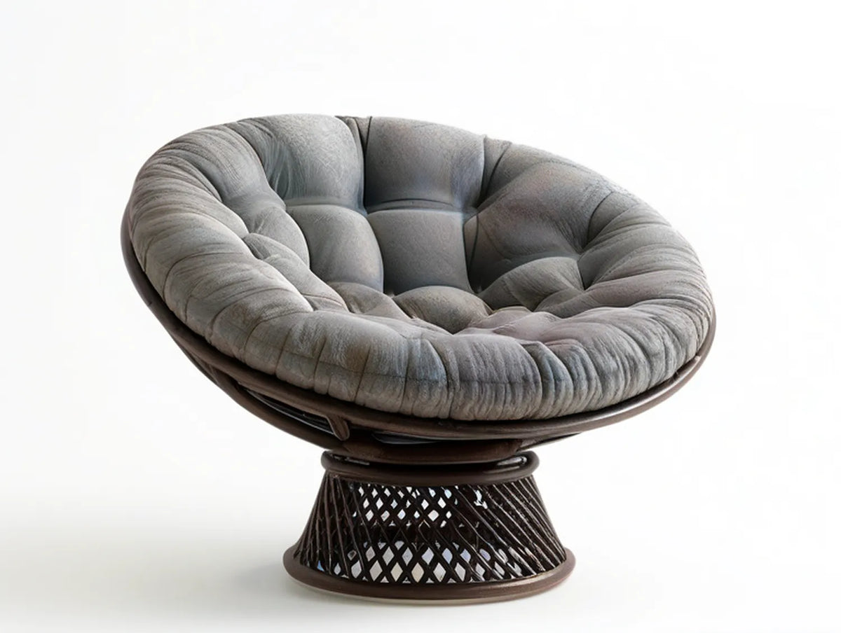 42 in Round Papasan Swivel Lounge Chair, Gray Polyester Cushion with Dark Brown PE Rattan Base