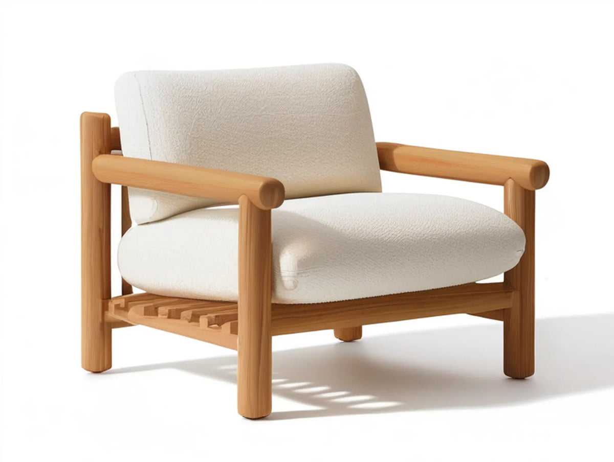 Mid-Century Modern Cream Boucle Lounge Chair with Natural Rubberwood Frame, 31.5 x 32 x 31 in