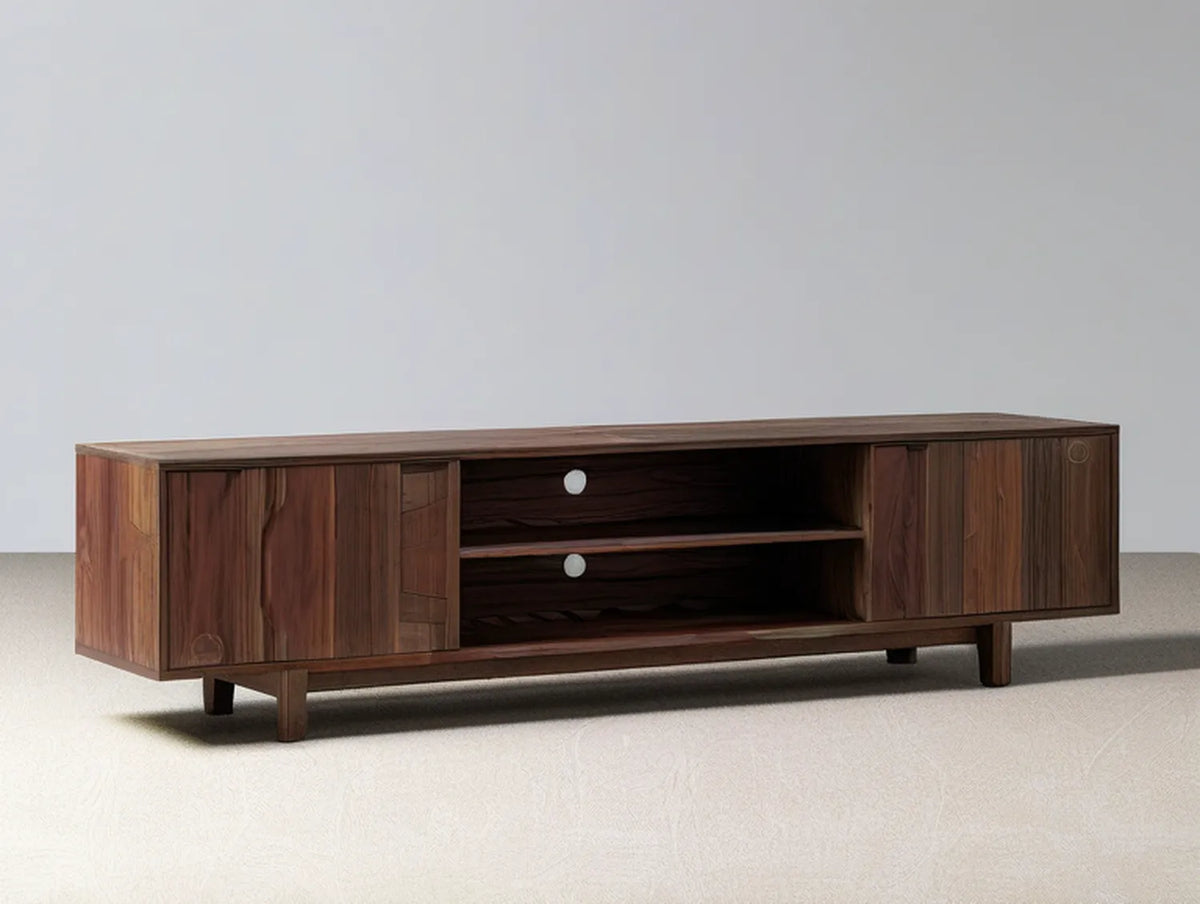 Walnut Brown MDF Veneer Media Console with 2 Doors and Open Shelves, 70.87 x 15.75 x 19.69 in