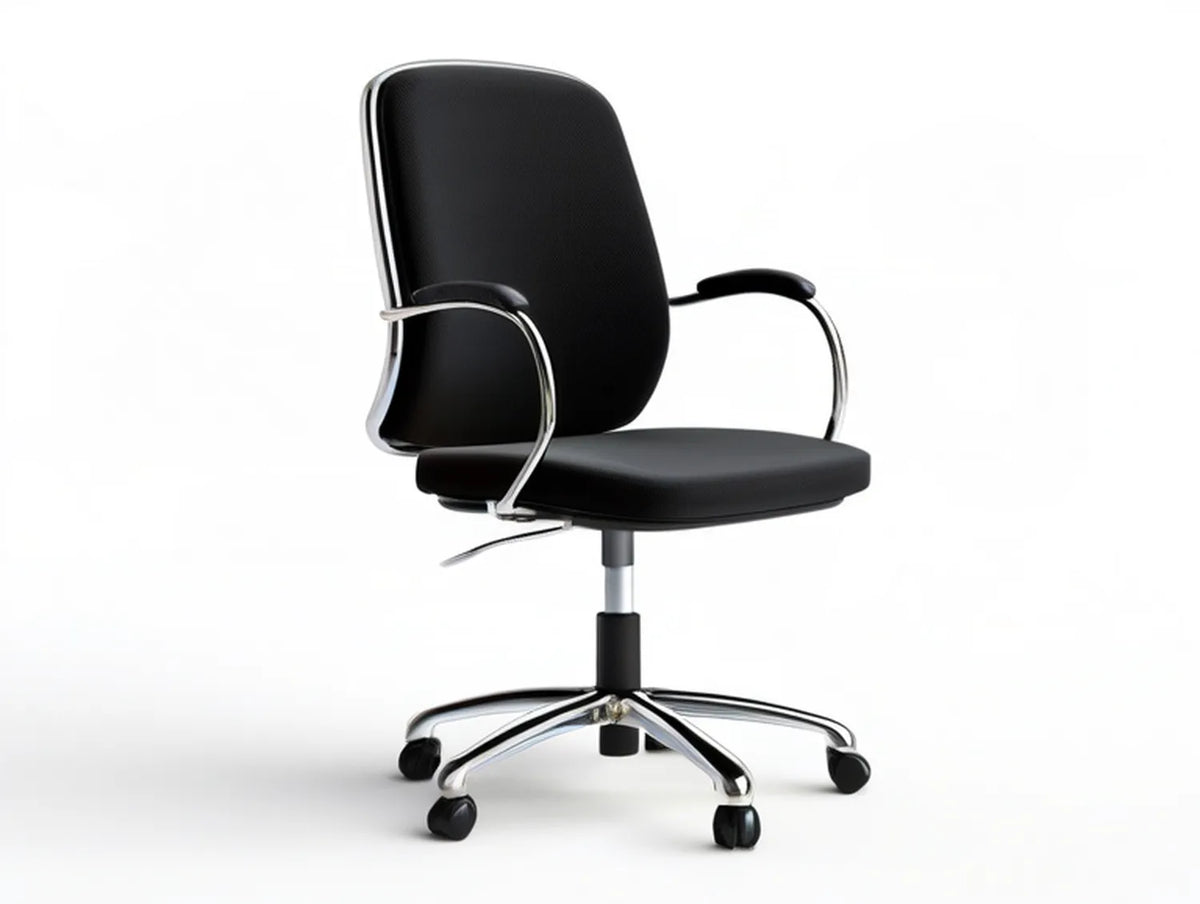 High-Back Swivel Office Chair with Arms, Black Faux Leather and Chrome Steel, 25.6 x 25.6 x 37.4-41.3 in