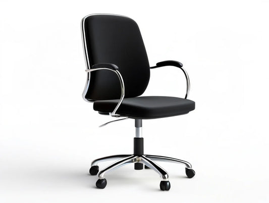 High-Back Swivel Office Chair with Arms, Black Faux Leather and Chrome Steel, 25.6 x 25.6 x 37.4-41.3 in