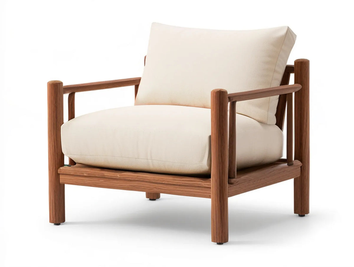 Cream Polyester Upholstered Lounge Chair with Walnut Brown Solid Rubberwood Frame, 30 x 32 x 31 in