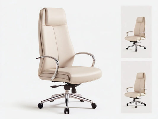 Cream High-Back Executive Swivel Chair with Chrome Armrests, 26 x 25 x 45-49 in