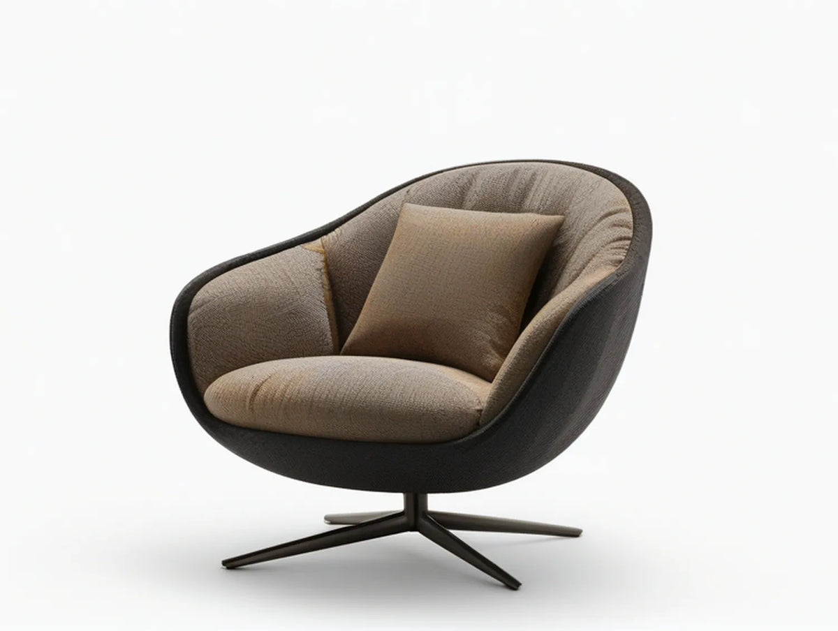 31.5 in Round Swivel Barrel Chair with Polyester Upholstery, Steel Star Base and Back Pillow, Taupe/Black/Brown